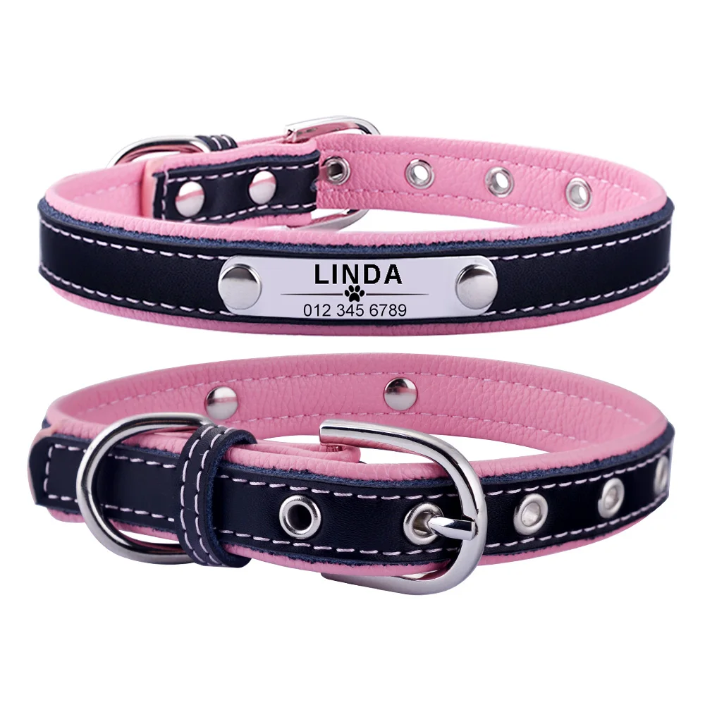 Adjustable Personalised Dog Collar Leather Puppy ID Name Custom Engraved XS L Nameplate Tag Engrave Tags Puppy Nameplate Collar