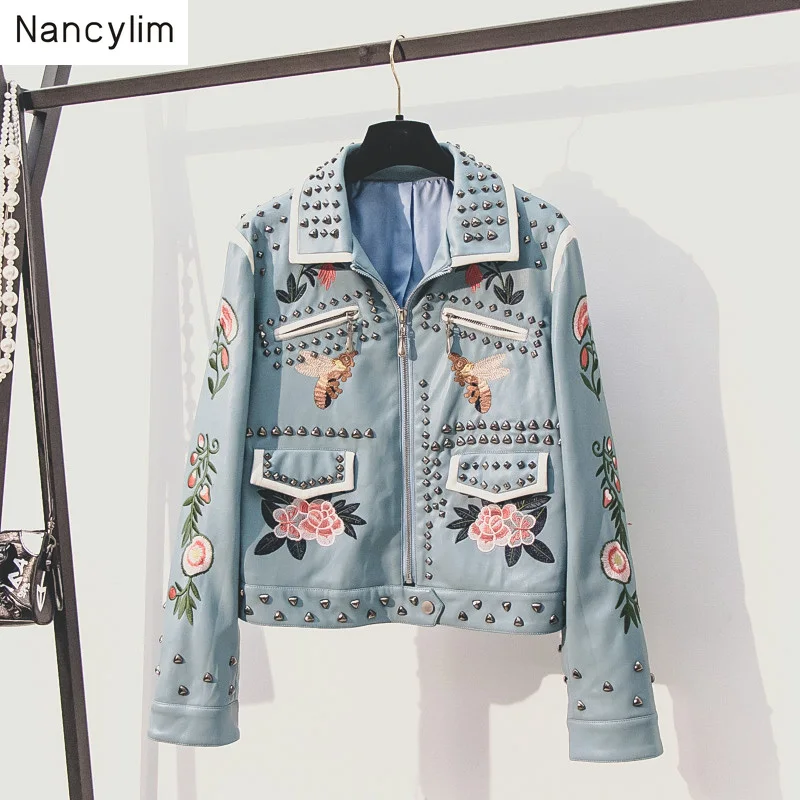 

Plus Size 5XL Autumn Winter Warm Leather Jacket Woman Fashion Embroidered Rivet Locomotive Jacket Lapel Short Pu Leather Coat