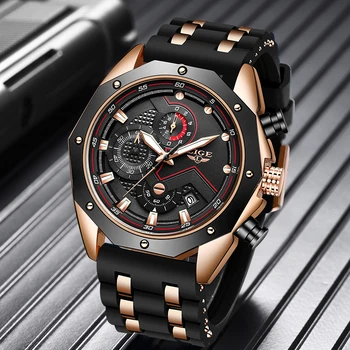 

LIGE 2020 Men's Chronograph Analog Quartz Watch with Date, Luminous Hands, Waterproof Silicone Rubber Strap Wristswatch for Man