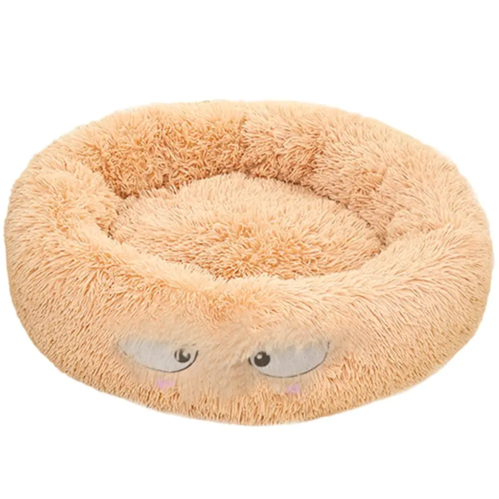 Складная круглая кровать для кошки, переносная длинная плюшевая собачья Конура, домик для кошки, супер мягкие хлопковые коврики, диван для собаки, корзина для питомца, теплая спальная кровать - Цвет: Beige Cartoon