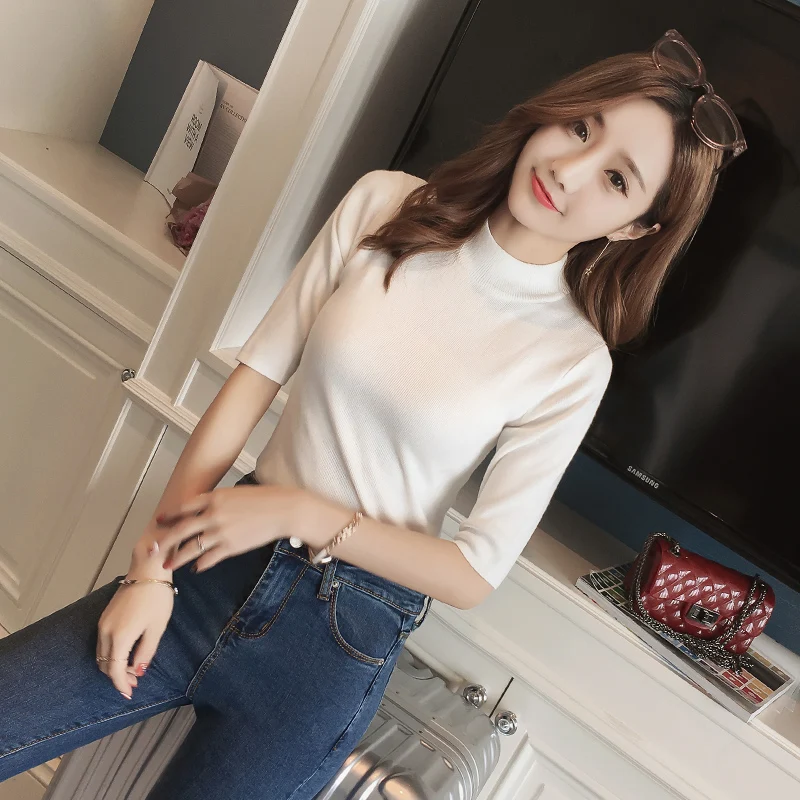 Spring Autumn Knitted Sweater and Pullovers for Women Half Sleeve Half Turtleneck Chandail Femme Sexy Slim Maglioni Donna