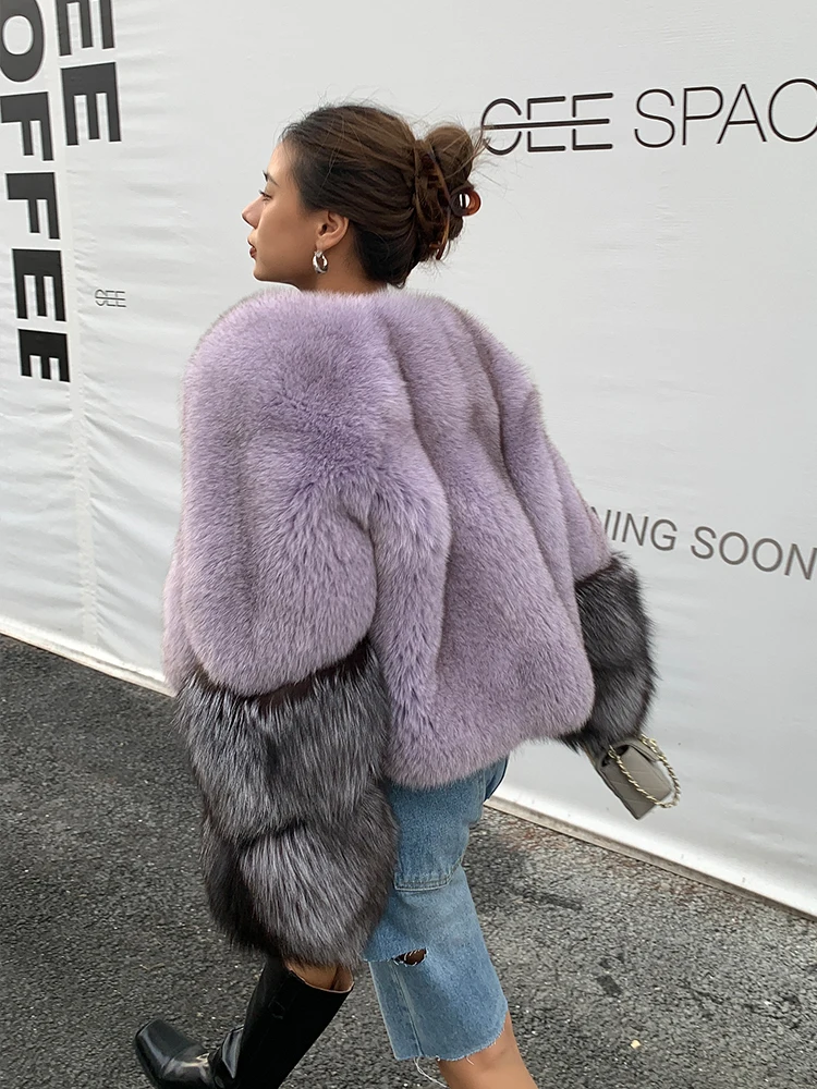 Natural Fox Fur Jacket Winter Women 2022 New Light Purple Genuine Fox Fur Coats V-Neck with Silver Fox Fur Sleeve Cuffs Outwear