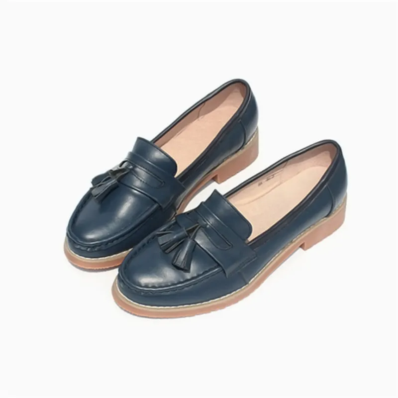 Spring Autumn New Pedal Genuine Leather Loafers Shoes Women British Polished Flat Tassel Oxford Shoes For Woman Large Size 32-43