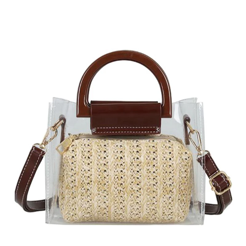 

ABZC-Women Clear Bags Summer Straw Crossbody Shoulder Bags Two Piece Women Transparent Bags Handbag Clutch Purse Khaki