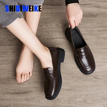 

Spring New Casual Outdoor Women Low Heel Shoes Slip On High Quality Loafers Women Fashion Buckle British Leather Shoes AB105