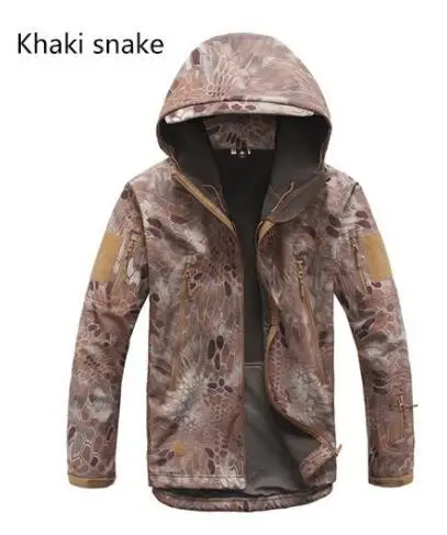 Winter Outdoor Waterproof Warm Camouflage Coat Tops Men Training Climbing Tactical Fleece Lining Thermal Hooded Jacket Clothing - Color: Khaki Snake