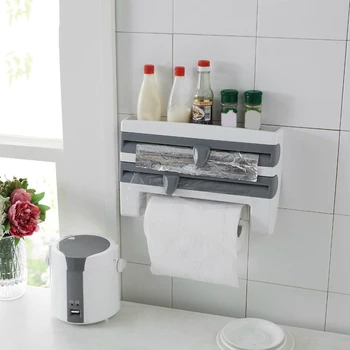 

HOT Wall Mounted Roll Dispenser Kitchen Fresh Keeping Film Storage Rack with Belt Cutter TI99