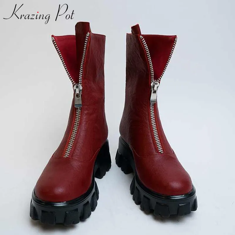 

krazing pot solid genuine leather motorcycles boots round toe high heels thick bottom winter fashion handsome mid-calf boots L35