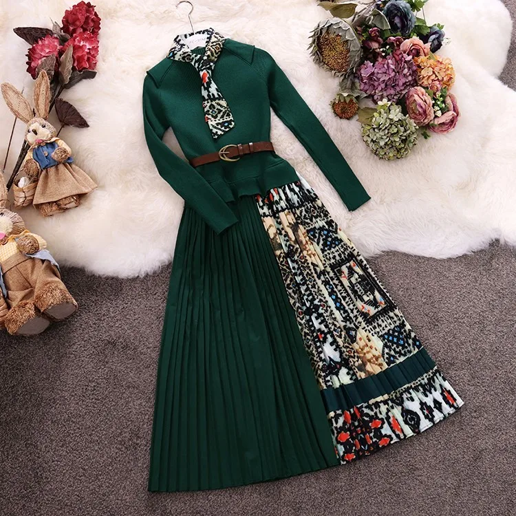 Женское платье с винтажным принтом, Драпированное, вязаное, из кусков, Осень-зима, для офиса, для девушек, вязаное, с длинным рукавом, с поясом, платье Vestidos