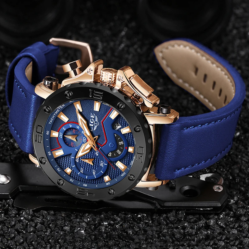 

LIGE Men Watches Male Business Date Chronograph Waterproof Quartz Watch Men's Casual Leather Large Dial Military Watch Relogio