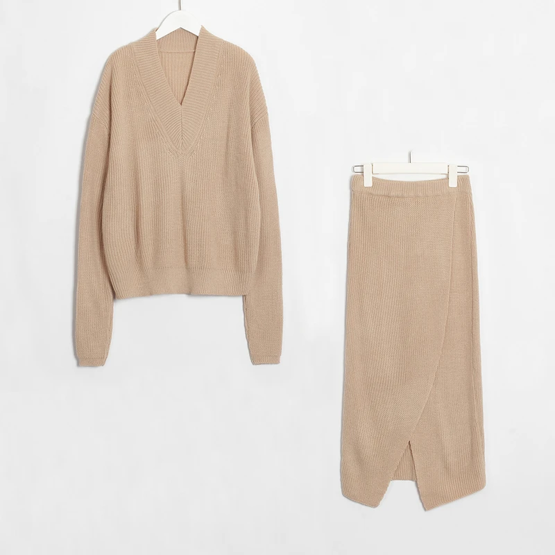 Khaki Wixra стильный костюм Женский Повседневный однотонный комплект из двух предметов свитер с v-образным вырезом+ трикотажная юбка с разрезом спортивный костюм женские костюмы - Цвет: Khaki