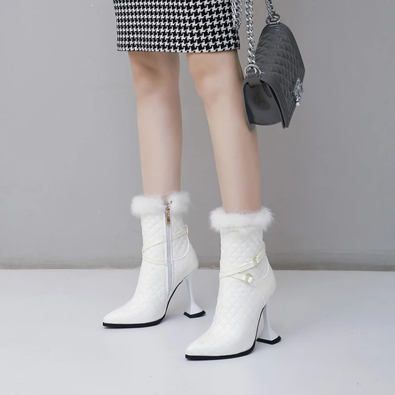 Kolnoo New British Style Handmade Women High Heel Boots Short Plush Pointy Warm Ankle Boots Evening Party Fashion Winter Shoe