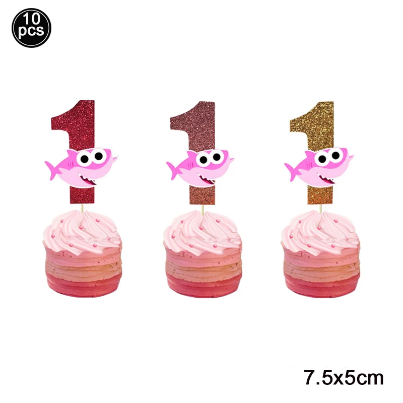10pcs pink Морскую тематику вечерние украшения в виде акулы торт топпера, блеск кекс Топпер Baby Shower 1st/2nd на день рождения принадлежности для юбилейной вечеринки - Цвет: 10pcs pink