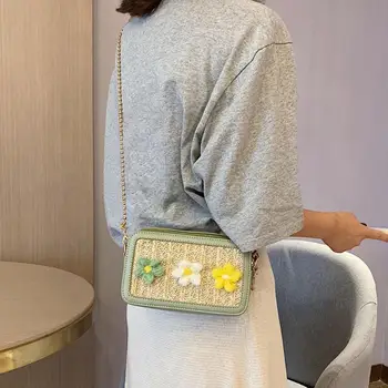 

Fashion Ladies Flower Decor Shoulder Messenger Packs Casual PU Leather Woven Women Small Chain Crossbody Bags