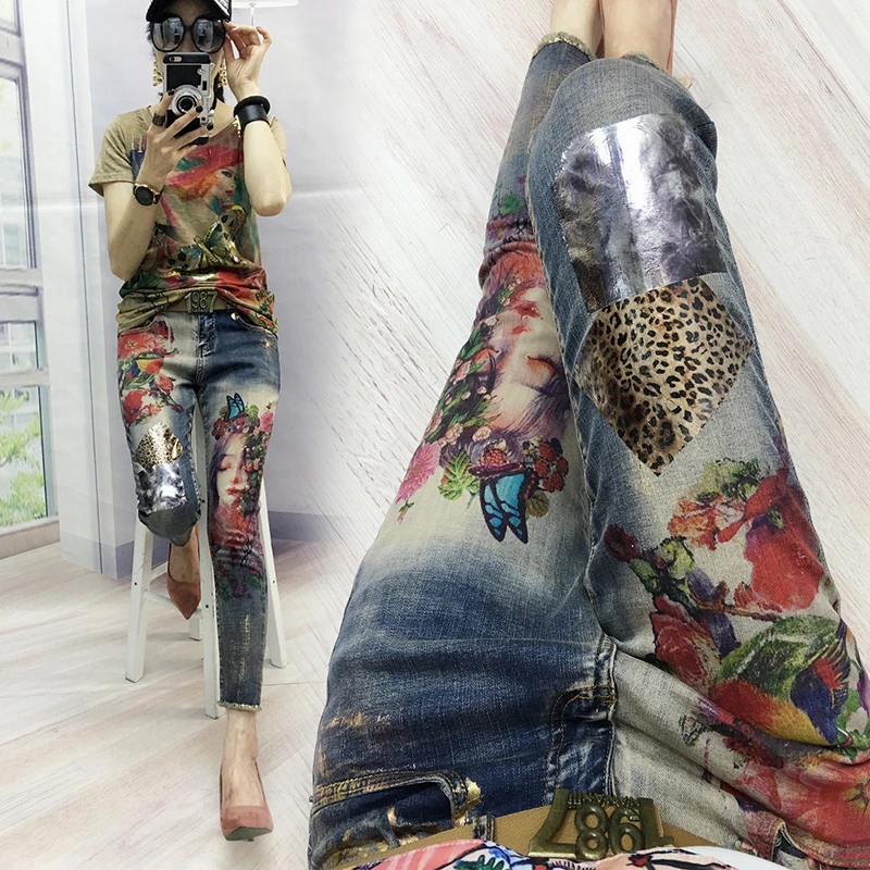 Pantalones de mezclilla pintados vaqueros bronceados mujer 2019 primavera  otoño nuevas mujeres Ins Super Fire moda de impresión pantalones vaqueros  femeninos|Pantalones vaqueros| - AliExpress