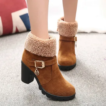 

HIPAC Autumn And Winter New European And American Round High Heel Thick Belt Short Boots Large Martin Cool Fashion Pretty