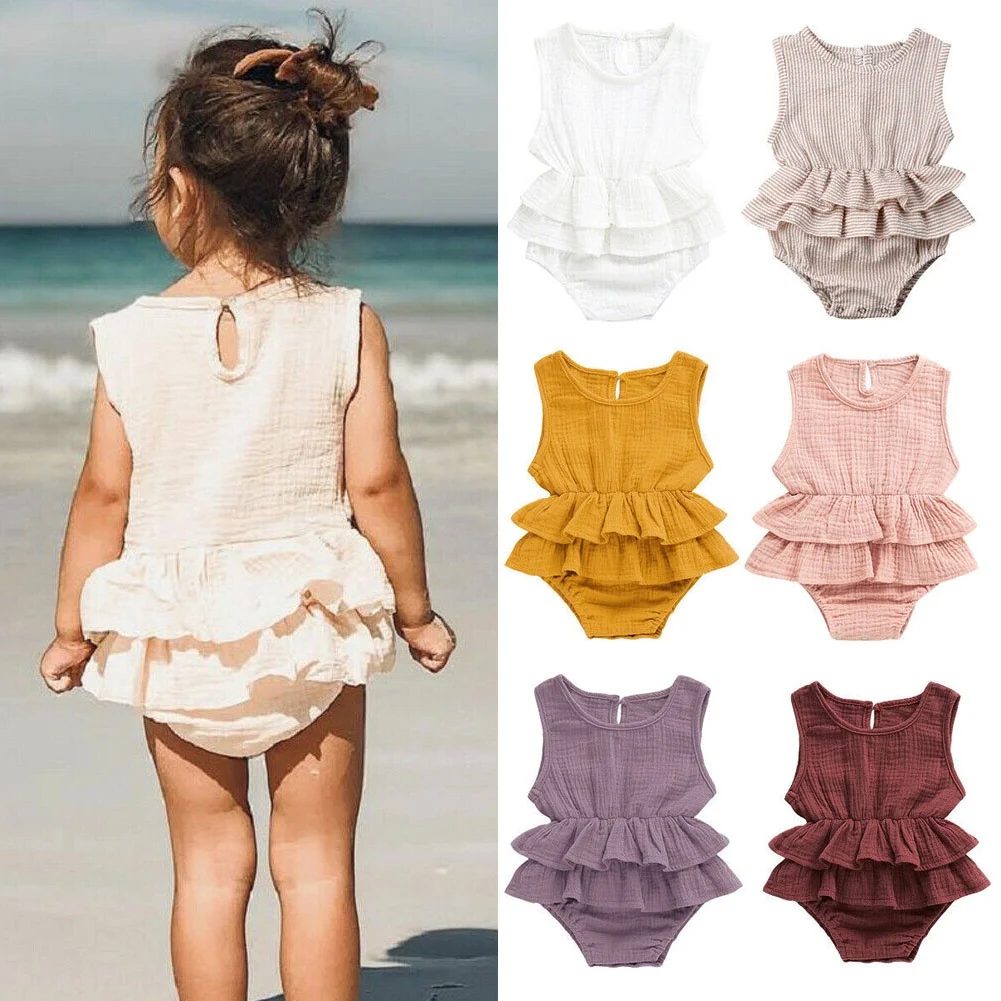 Newborn Baby Girl Princess Rompers Summer Solid Ruffles Sleeveless Cotton Linen Jumpsuit Sunsuit Baby Summer Clothing 0-24M