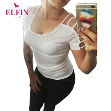 Женская летняя Черная Футболка с рукавами, украшенная бисером, офисная одежда с круглым вырезом, элегантная женская футболка размера плюс 2XL SJ2953R