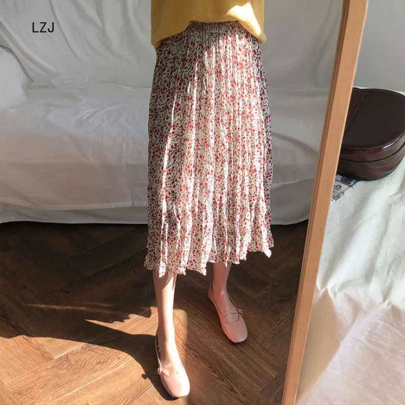 

LZJWomen Spring Summer Long Floral Ruffle Skirt Chiffon High Elastic Waist Spodnica Casual Streetwear A-line Jupe Femme Faldas