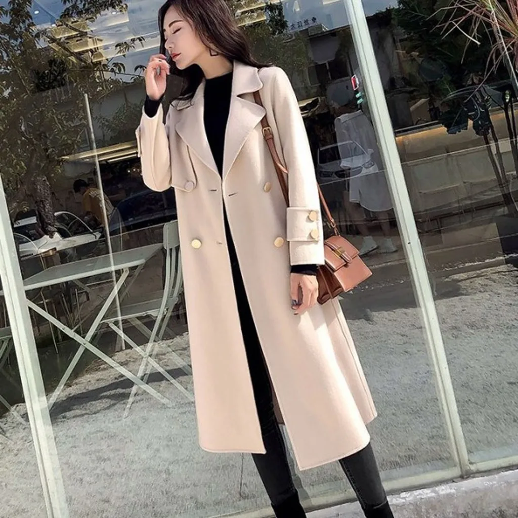 Женское шерстяное пальто SAGACE длинное облегающее на пуговицах с длинным рукавом в