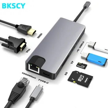 

BkscyType C to 2USB SD Micro SD LAN VGA HDMI USBC Adapter Hub Extend PD Charge Dock 1000 Mbps Rj45 OTG for Macbook pro