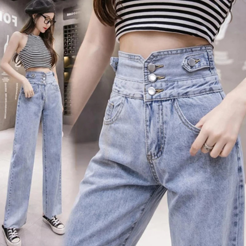 

Spring Jeans For Women Blue Loose Vintage Female Fashion High Waist Streetwear New leisure loose Denim Straight pants Trousers