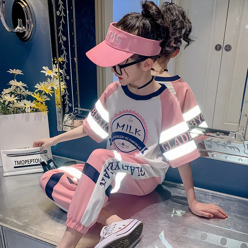 kids clothing 2 Pcs Girls luminous Clothing Sets Summer Short Sleeve T-Shirt+Pants Children Clothes Suits 6 7 9 10 11 12 13 yrs | Детская
