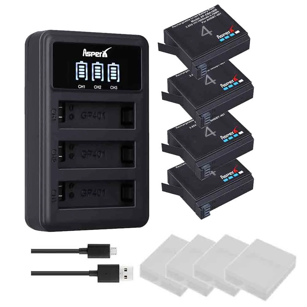Batterie + Caricatore USB Per GoPro Hero 4 - 4 Batterie 1500mAh, Caricatore Dual LCD, Cavo Micro USB