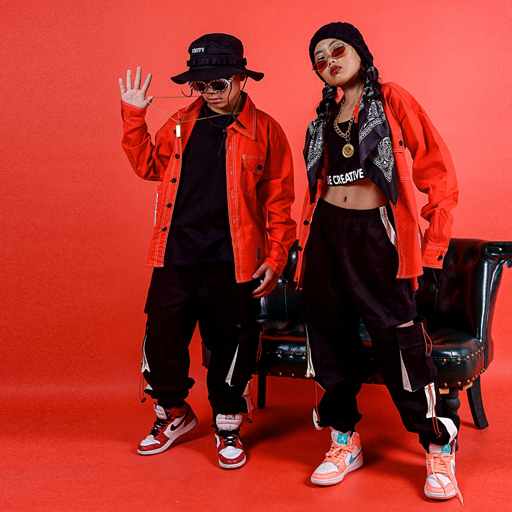Girls Jazz Modern Dancing Costumes Clothing Suits Kids Children'S Hip Hop Red Shirt Seatpants Outfits Stage Costumes DQS3281