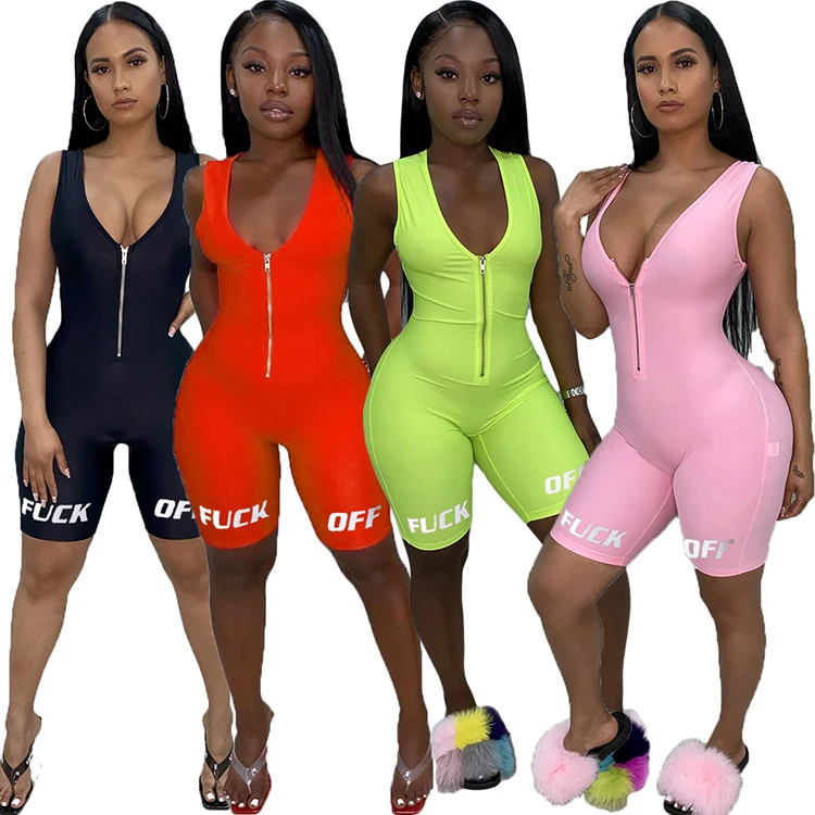 0420M104 Sexy Summer Sports Custom Bodycon Jogger Jumpsuits Zip Letter Solid Sleeveless Casual Short One Piece Romper For Woman