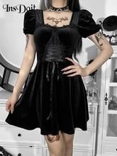 

InsDoit Gothic Bandage Black Corset Dress Women Velvet Puff Sleeve Summer Sexy Aesthetic A-LINE Dress Elegant Party Mini Dresses