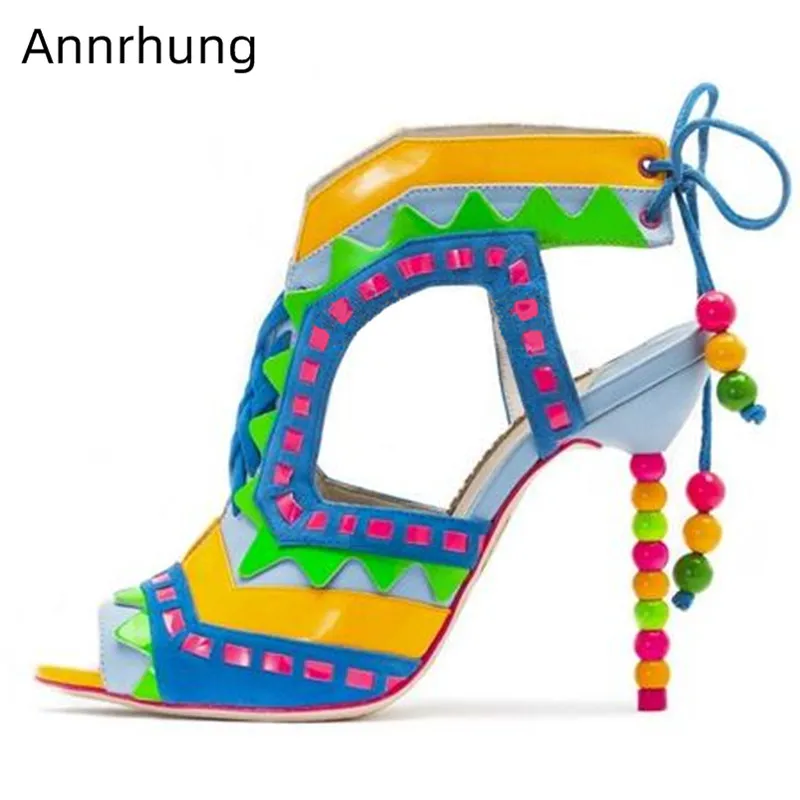 

Candy Color Mixed Sandals Strange High Heel Shoes Woman Sexy Peep Toe Cross Tied Catwalk Shoes Decor Beading Cut Out Sandals