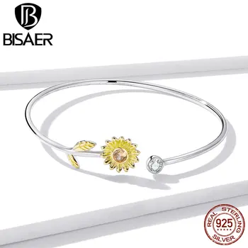 

BISAER Bracelets 925 Sterling Silver Daisy Flower Adjustable Chain Link Yellow Enamel CZ Bracelet For Female Fine Jewelry HVB045