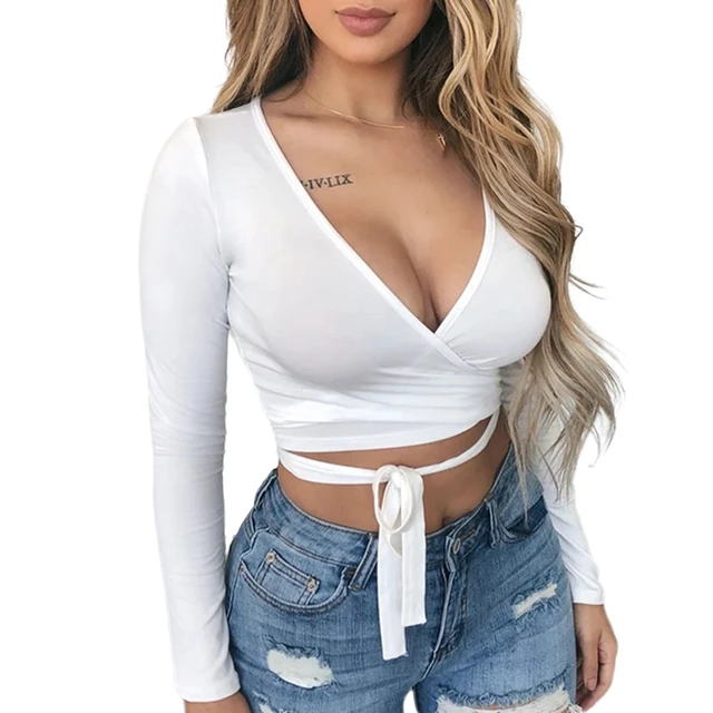 Women's Sexy Deep V-Neck Knitted Front Long Sleeve Tee Casual Strappy Blouse