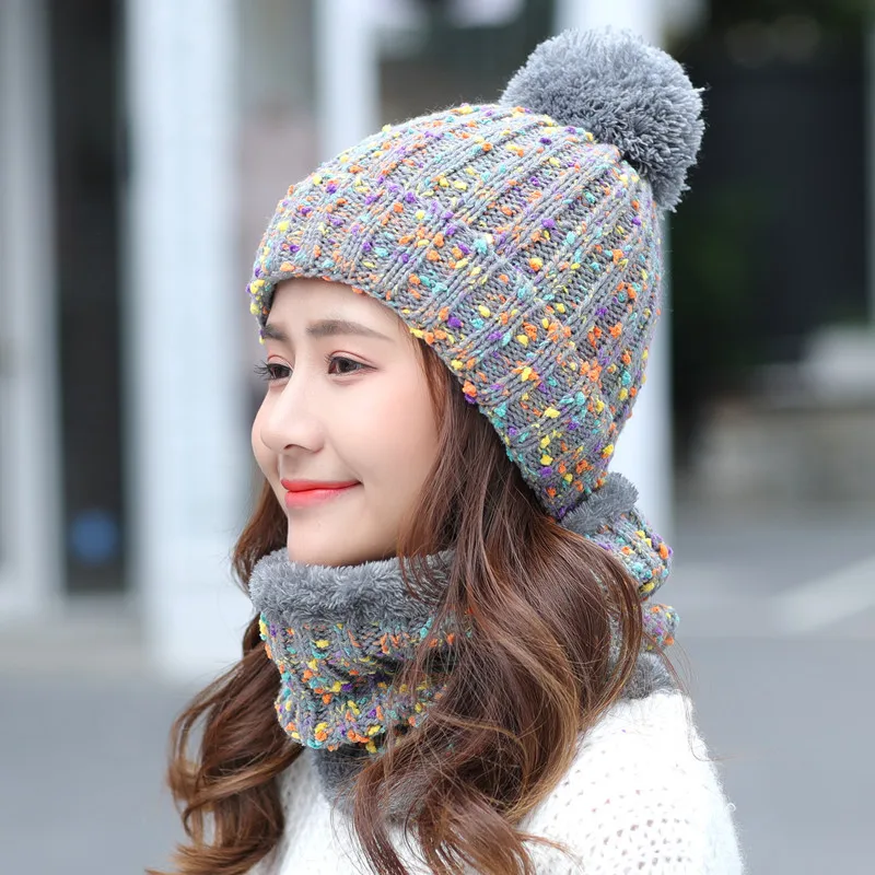 Women's Winter hat and Scarf Set Wool Skullies Beains Cotton Thick Winter Warm Hat Ring Scarf Female Hats Men