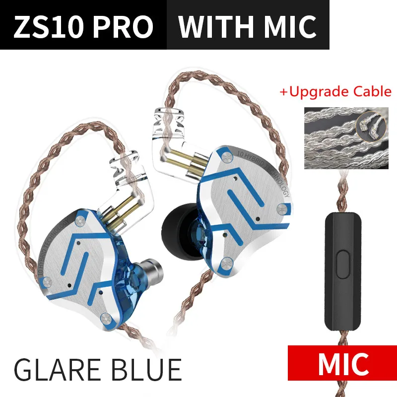 glare blue MIC sil KZ ZS10 PRO 1DD+ 4BA HIFI металлическая гарнитура, гибридные наушники в ухо, Спортивная гарнитура с шумоподавлением AS10 ZST ZSN PRO ES4 ZSX C12 V90 P1 - Цвет: glare blue MIC sil