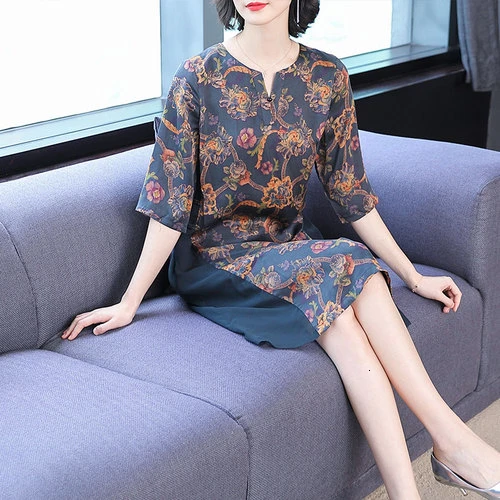 

Spring Retro Printed Silk Women Dress 2019 New Style Summer Five-minutes Sleeve Loose Slim Female Elegant Temperament Dresses