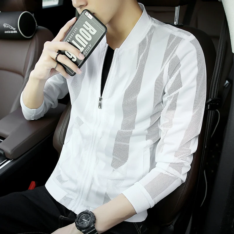 

Новинка 2021, сетчатая одежда для защиты от солнца в полоску, трендовая летняя мужская кожаная одежда, однотонная дикая куртка