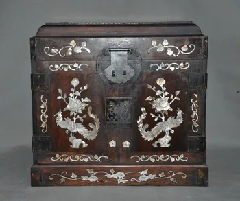

christmas Huge Old Chinese huanghuali wood Inlay Shell Phoenix Drawers Storage Jewelry box halloween