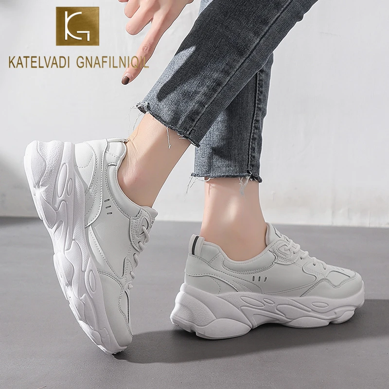 

KATELVADI Clunky Sneaker Spring Female Thick Bottom Sneakers Round Toe Platform Shoes Women Flats Casual Running Shoes FL010
