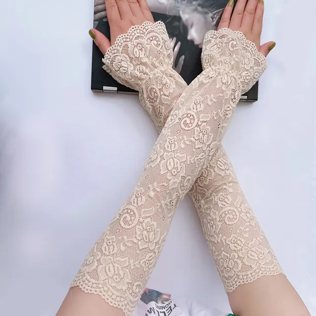 Hot Women Arm Warmers Pleated Yarn Long Breathable Sunscreen Driving Arm Sleeve Fingerless Gloves sexy lace glove Solid White 23