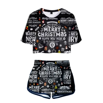 

Christmas 3D Summer Two Pieces Short-sleeved T-shirt + Shorts Hip Hop Popular Dew Belly 3D Two Pieces Of Suit Women XS-2XL