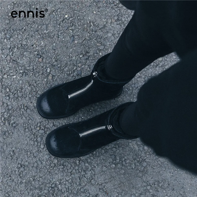 ENNIS/Брендовые женские зимние ботинки женские ботинки в стиле ретро на низком каблуке обувь из натуральной кожи модные теплые ботинки на молнии цвета хаки, черного цвета Новинка, A9244