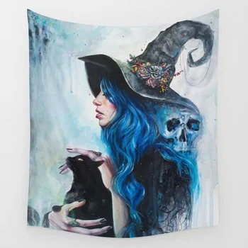 

CAMMITEVER Skull Witch Black Cat Tapestry, Woods Forest Good Quality ,51x59 inch, Drop Shipping
