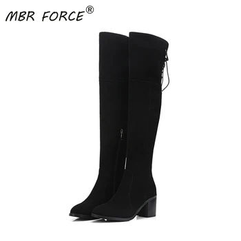 

MBR FORCE cow suede ladies high-heeled over-the-knee fashion side zipper lace-up design shoes autumn and winter warm high boots