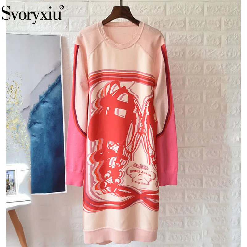 Svoryxiu дизайнер осень зима свободный свитер платье женская с длинным рукавом высокого класса шелк лоскутное шерсть вязание платья