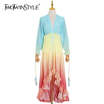 

TWOTWINSTYLE Patchwork Hit Color Ruffle Dress For Women V Neck Flare Sleeve High Waist Causal Dresses Female 2020 Summmer New