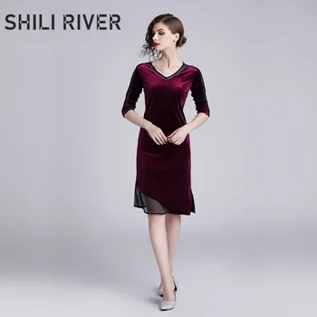 

New spring autumn knee length dress for women a line slim sexy casual elegant V neck velvet vintage purple basic dress