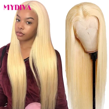 

Glueless 613 Blonde Lace Front Human Hair 150% Middle Part Brazilian Straight Hair Transparent Lace Frontal Wigs Remy Hair