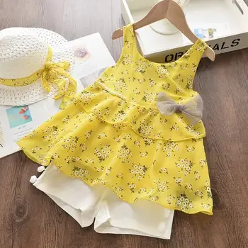 

Bear Leader Children's Sets 2020 New Kids Clothing Summer Bow Pearl Baby Chiffon Set with Hat 3pcs Girls Suit Kids Clothes Set